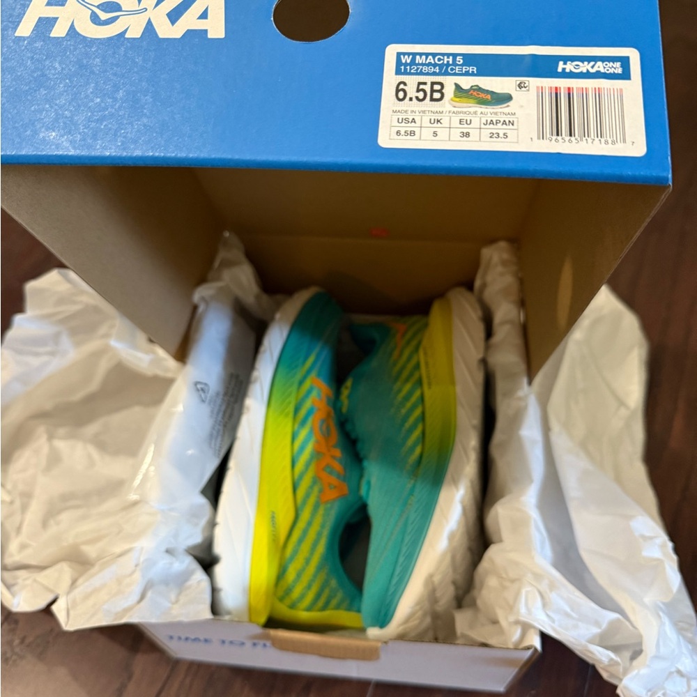 HOKA women’s Mach 5 Blue and Yellow Shoes